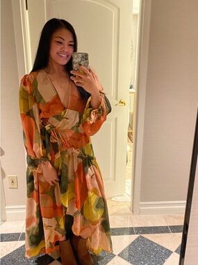 Anthropologie Watercolor Floral Long-Sleeve Midi Dress in Coral, Olive & Yellow